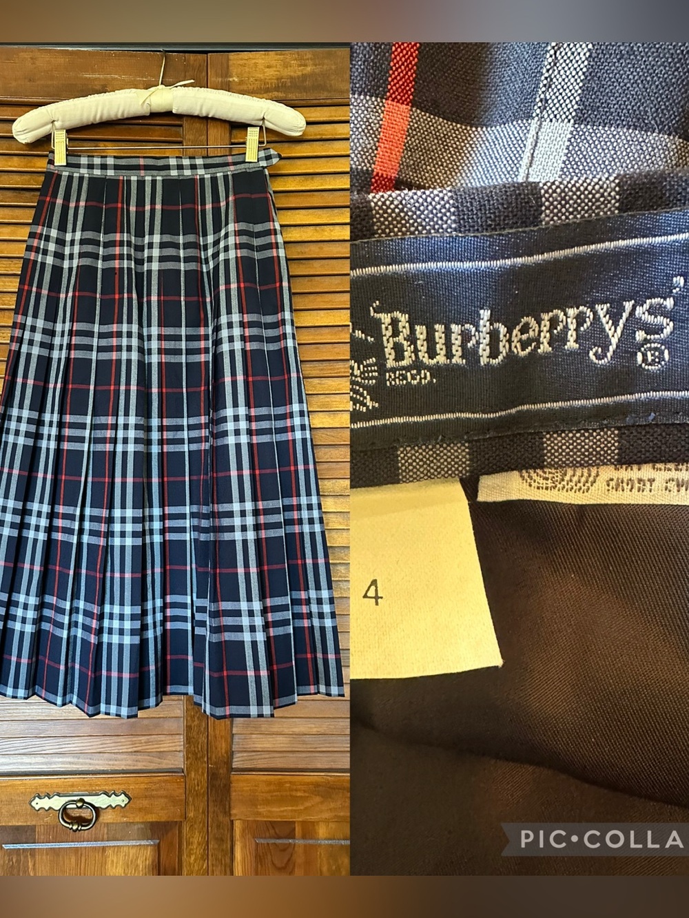 Vintage 1980s Burberrys Designer Navy, Gray & Red Pleated Wool Skirt size 4
